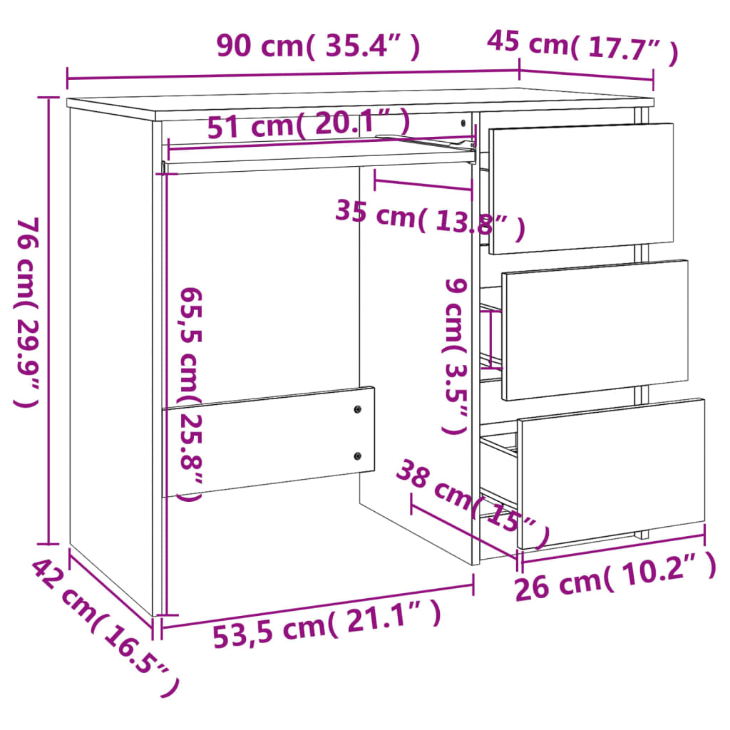 vidaXL Bureau 90x45x76 cm bewerkt hout bruin eikenkleur