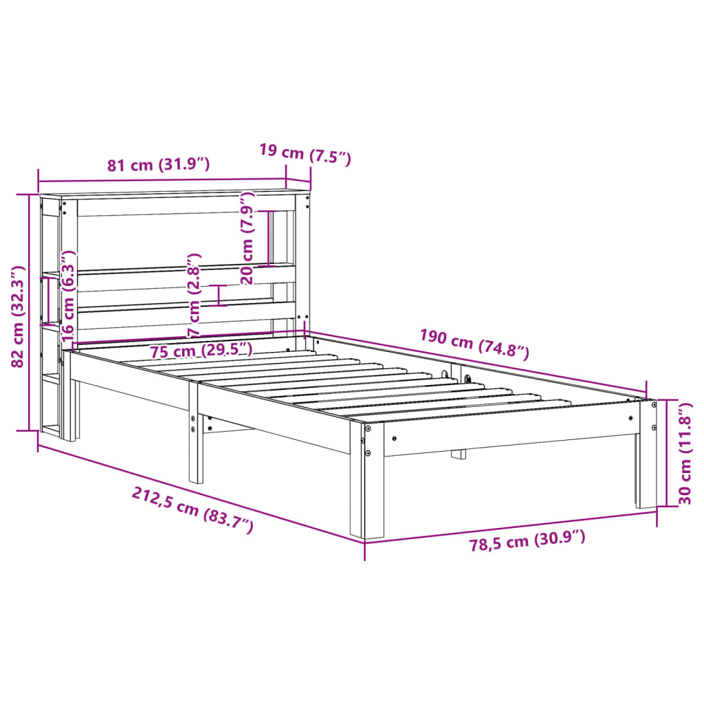 vidaXL Bedframe met hoofdbord massief grenenhout wit 75x190 cm