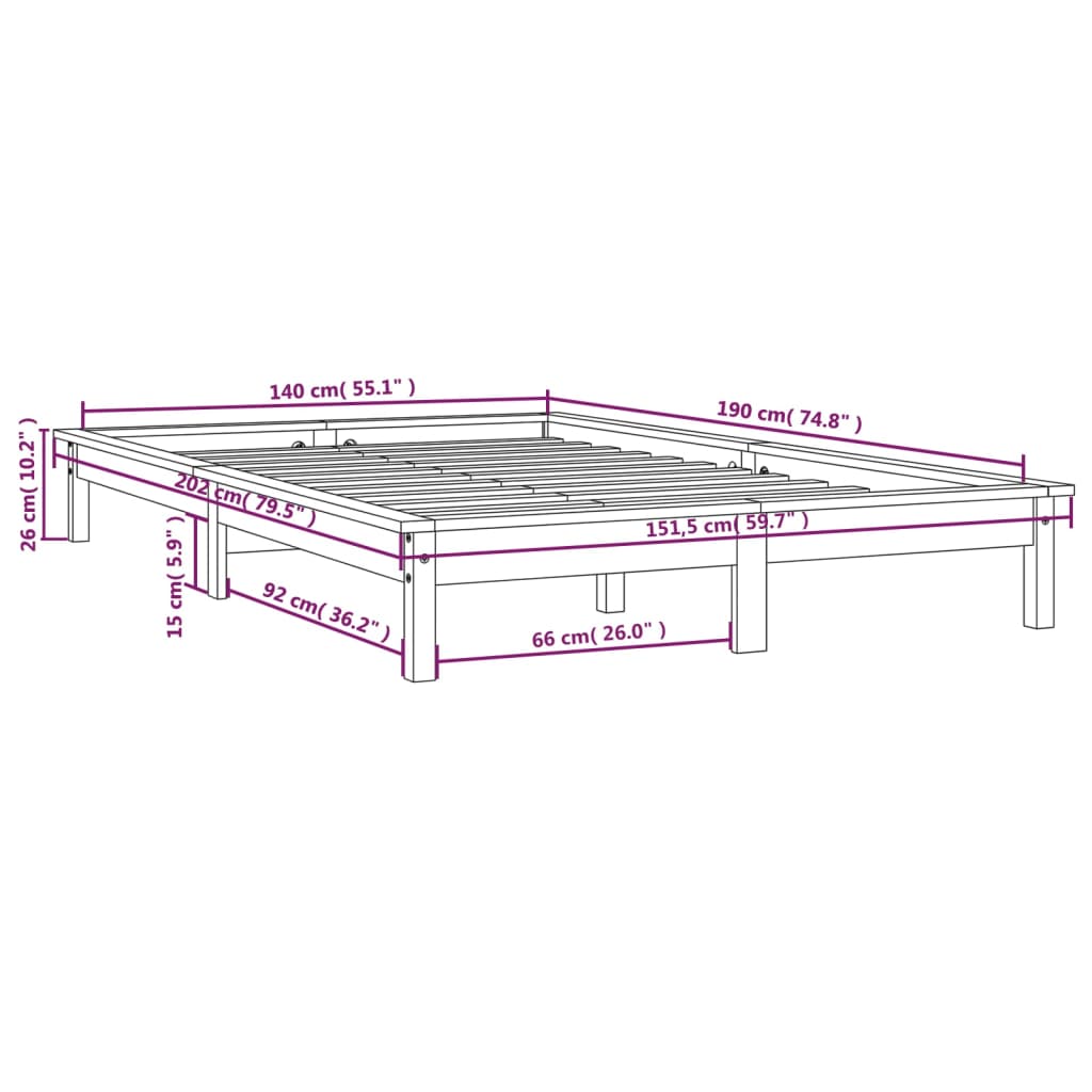 vidaXL Bedframe massief grenenhout zwart 140x190 cm