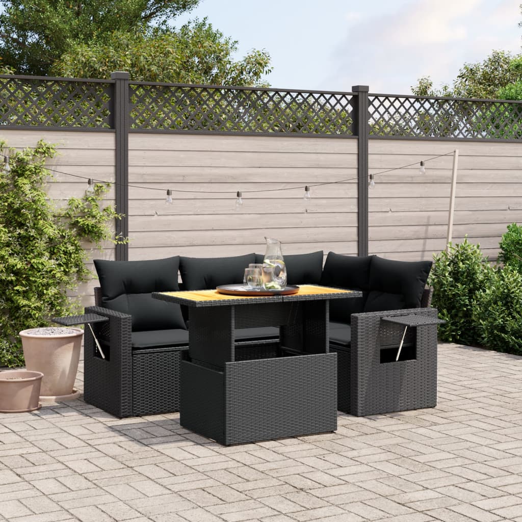 vidaXL 5-delige Loungeset met kussens poly rattan zwart