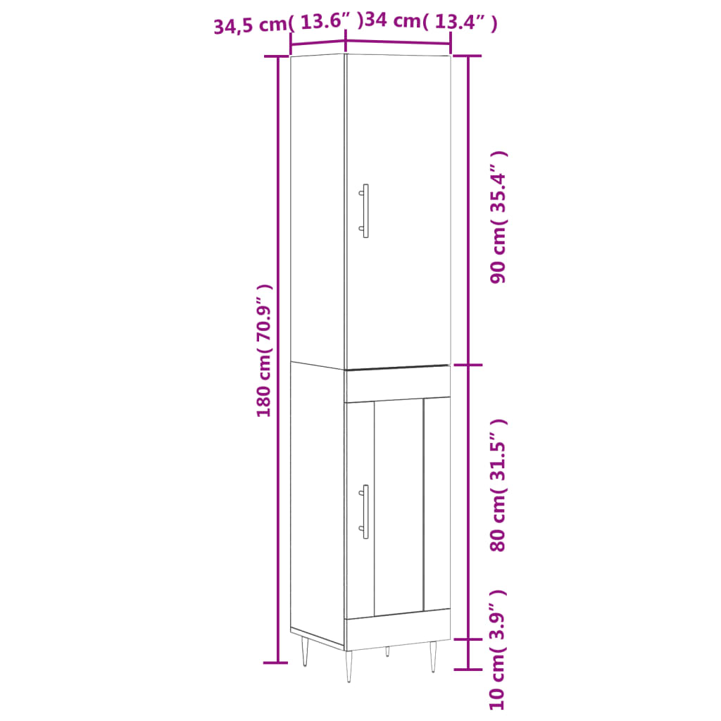 vidaXL Hoge kast 34,5x34x180 cm bewerkt hout betongrijs