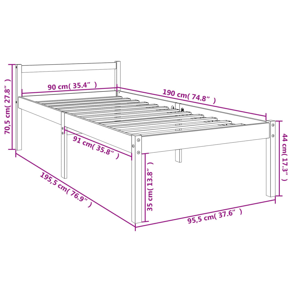 vidaXL Seniorenbed massief grenenhout wit 90x190 cm