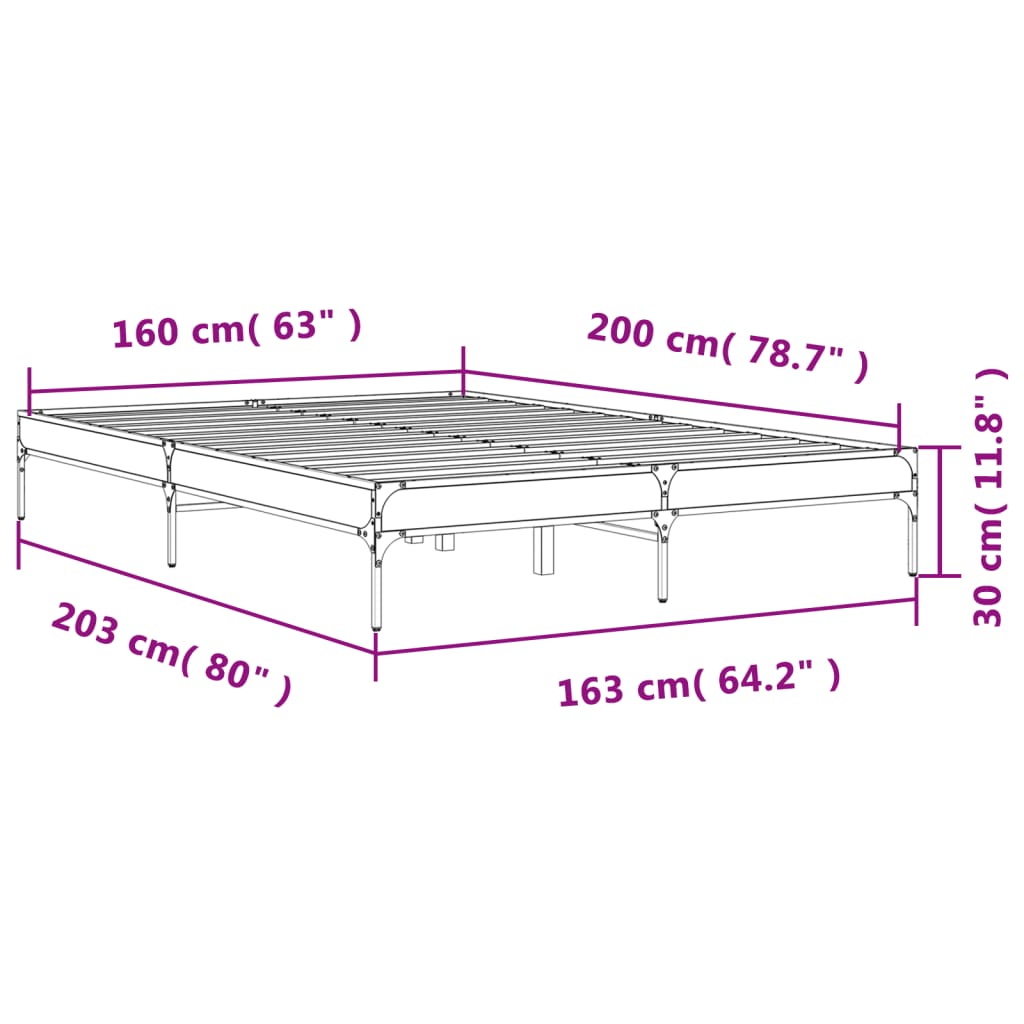 vidaXL Bedframe bewerkt hout metaal gerookt eikenkleurig 160x200 cm