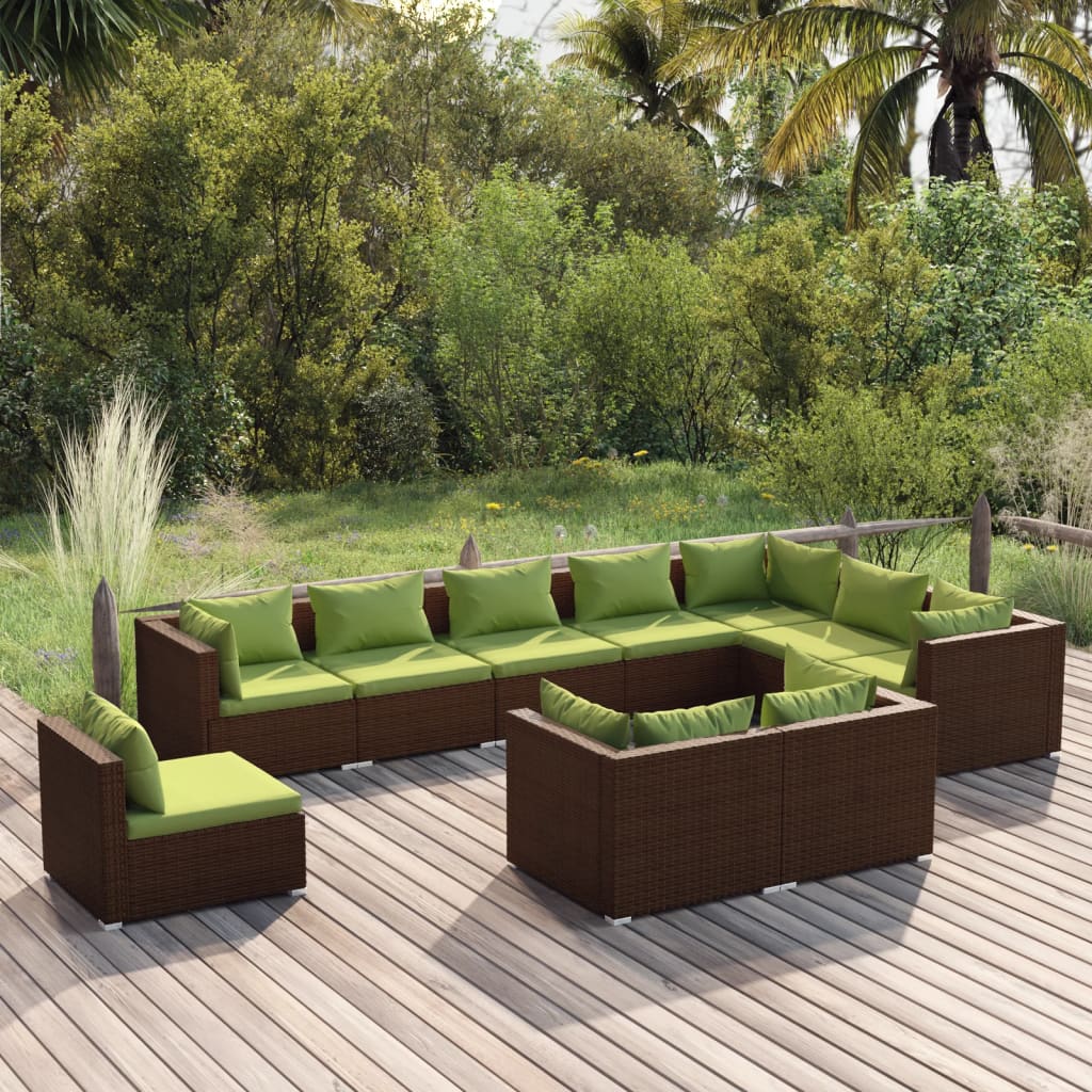 vidaXL 10-delige Loungeset met kussens poly rattan bruin