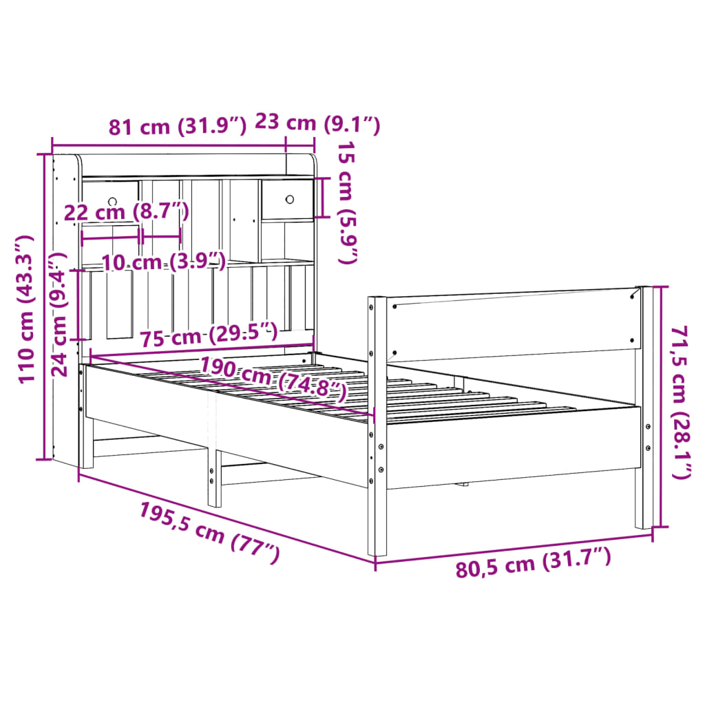 vidaXL Bed met boekenkast zonder matras grenenhout wasbruin 75x190 cm