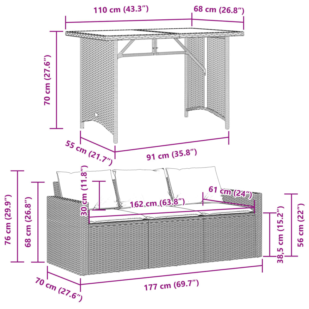 vidaXL 2-delige Tuinset met kussens poly rattan grijs