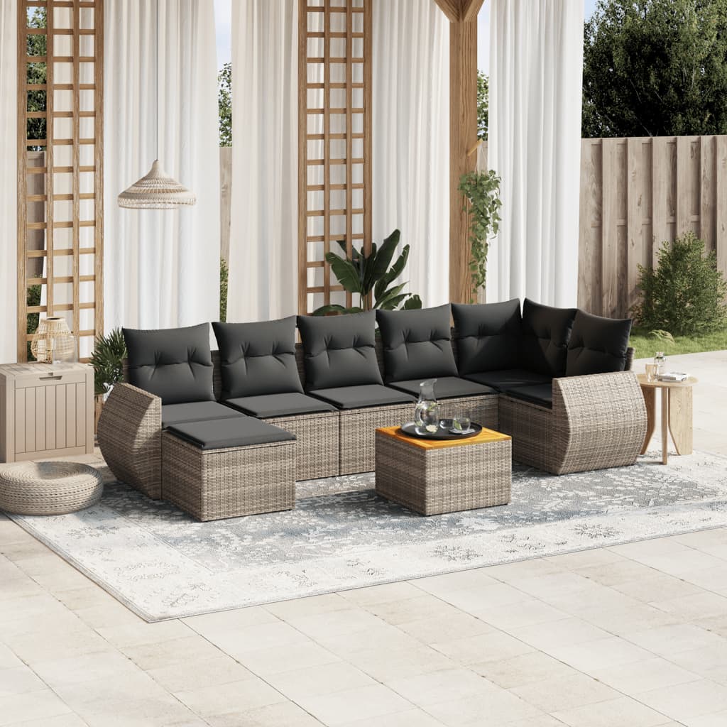 vidaXL 8-delige Loungeset met kussens poly rattan grijs