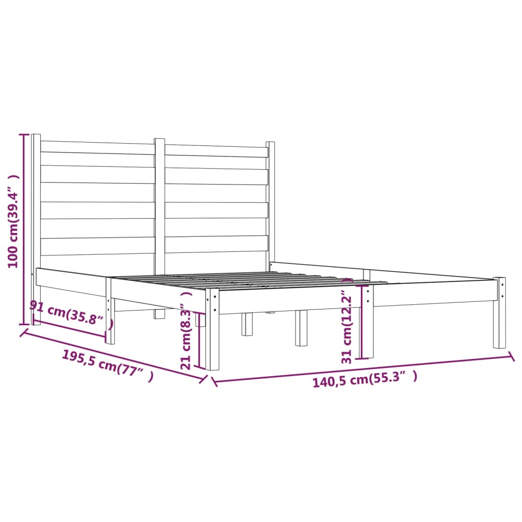 vidaXL Bedframe massief grenenhout zwart 135x190 cm