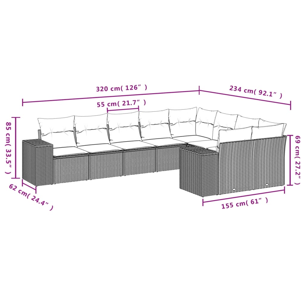 vidaXL 9-delige Loungeset met kussens poly rattan beige