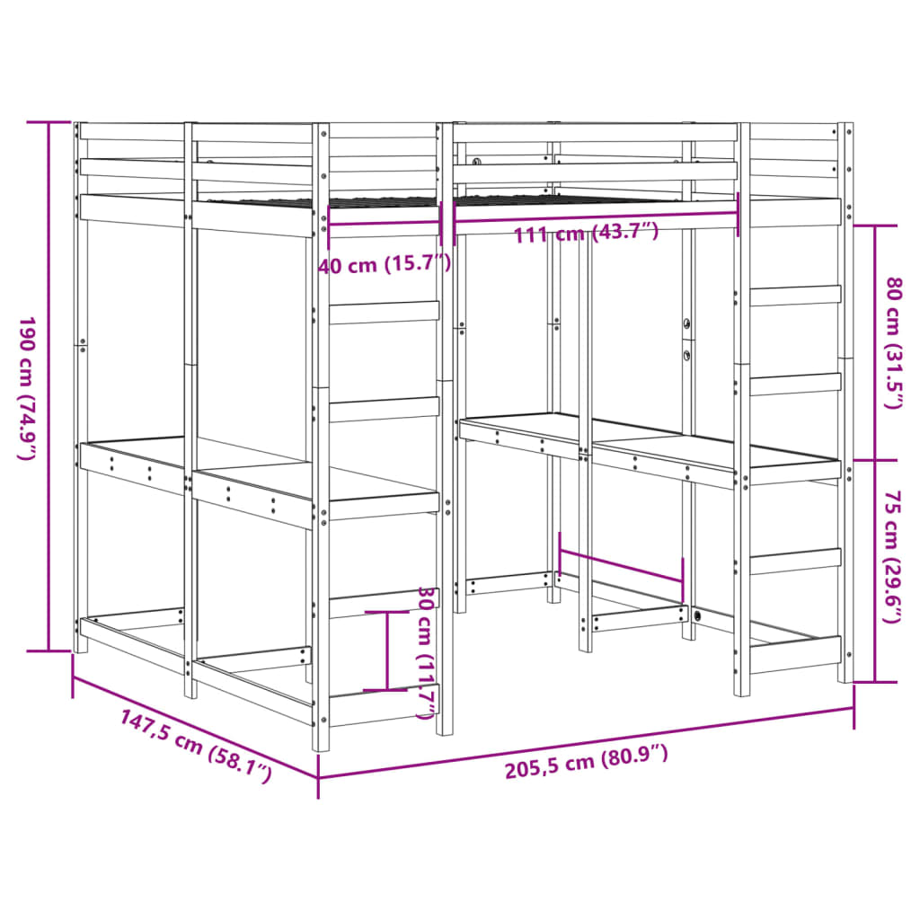 vidaXL Hoogslaper met bureau en ladder massief grenenhout 140x200 cm