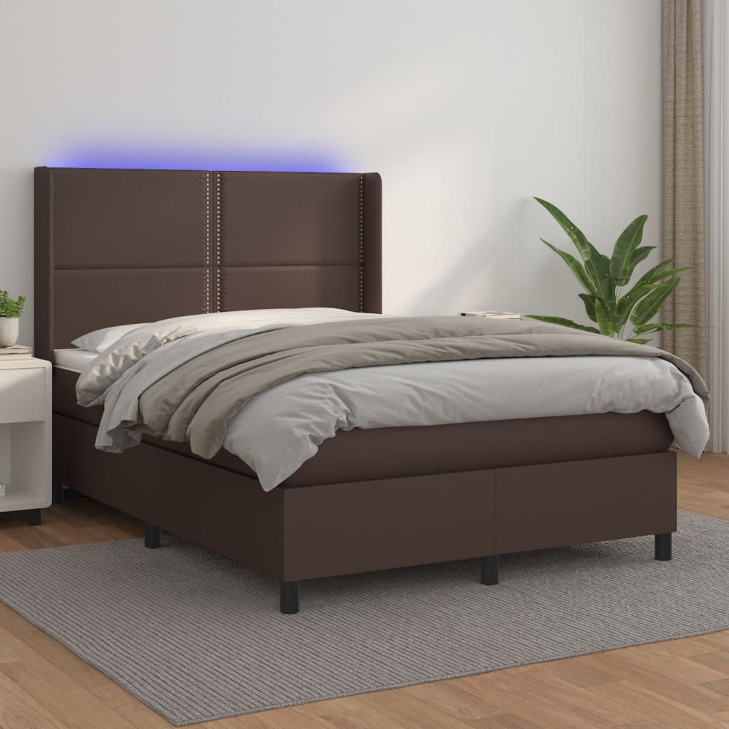 vidaXL Boxspring met matras en LED kunstleer bruin 140x200 cm