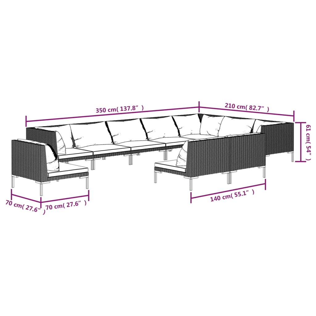 vidaXL 10-delige Loungeset met kussens poly rattan donkergrijs