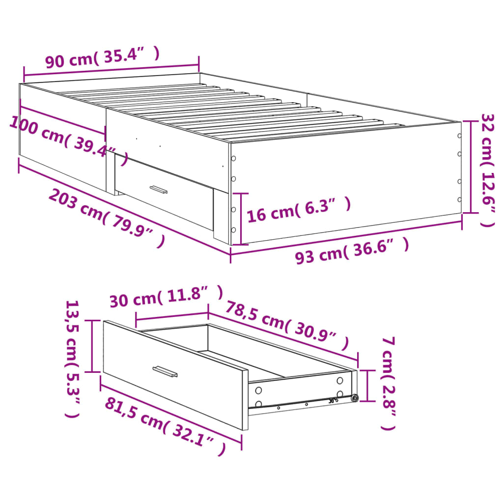 vidaXL Bedframe met lades bewerkt hout sonoma eikenkleurig 90x200 cm