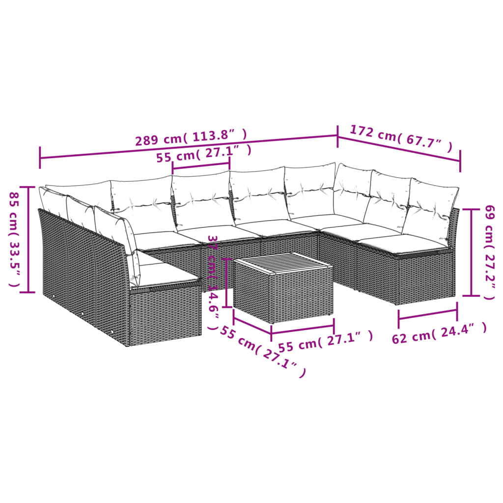 vidaXL 10-delige Loungeset met kussens poly rattan grijs