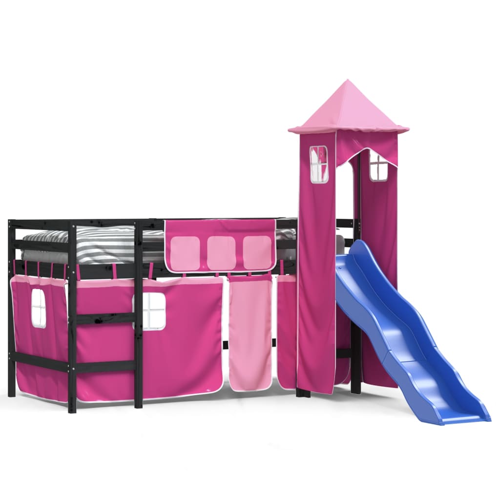 vidaXL Kinderhoogslaper met toren 90x190 cm massief grenenhout roze