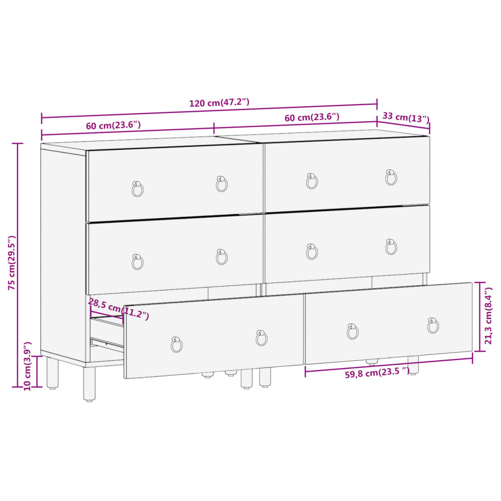 vidaXL Bijzetkasten 2 st 60x33x75 cm massief mangohout