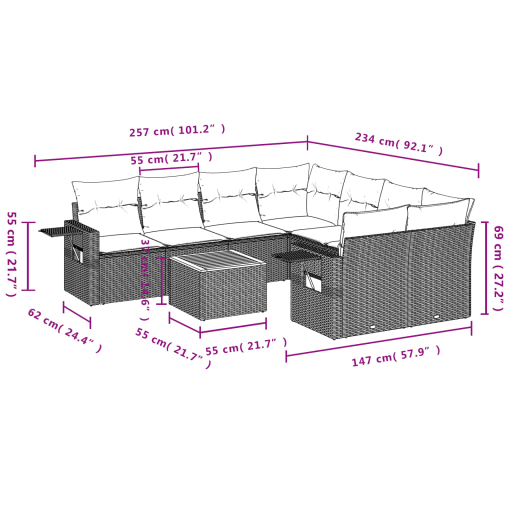 vidaXL 9-delige Loungeset met kussens poly rattan grijs