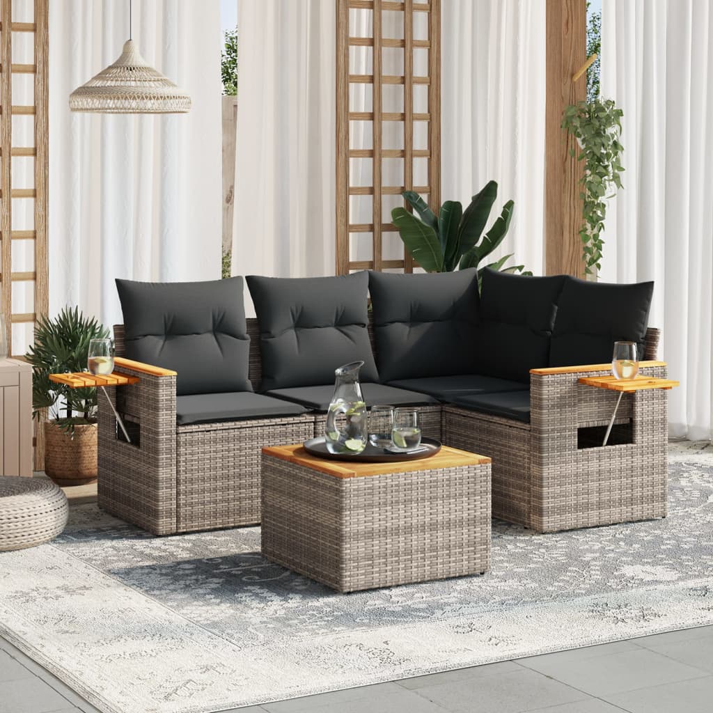 vidaXL 5-delige Loungeset met kussens poly rattan grijs