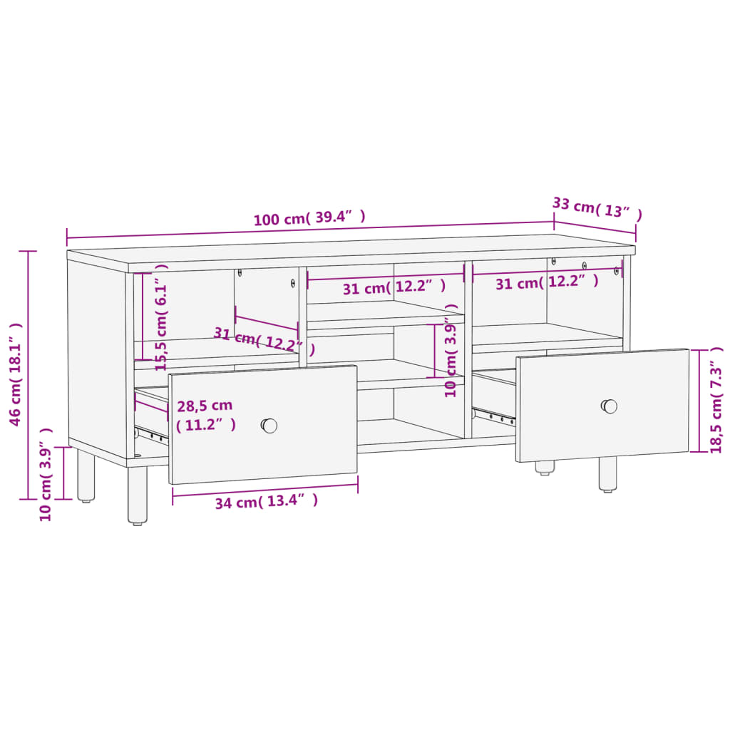 vidaXL Tv-meubel 100x33x46 cm massief mangohout zwart