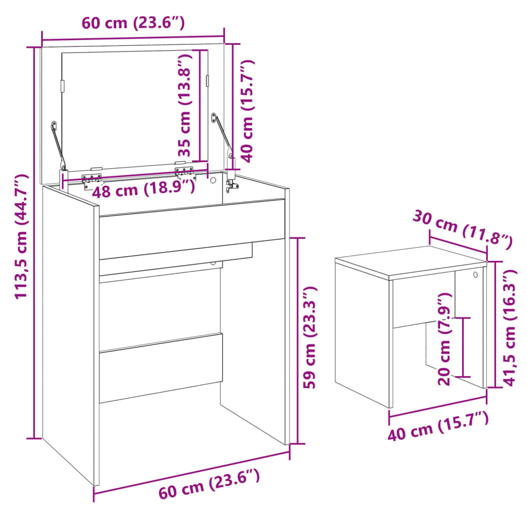 vidaXL Kaptafel met krukje 60x40x113,5 cm betongrijs