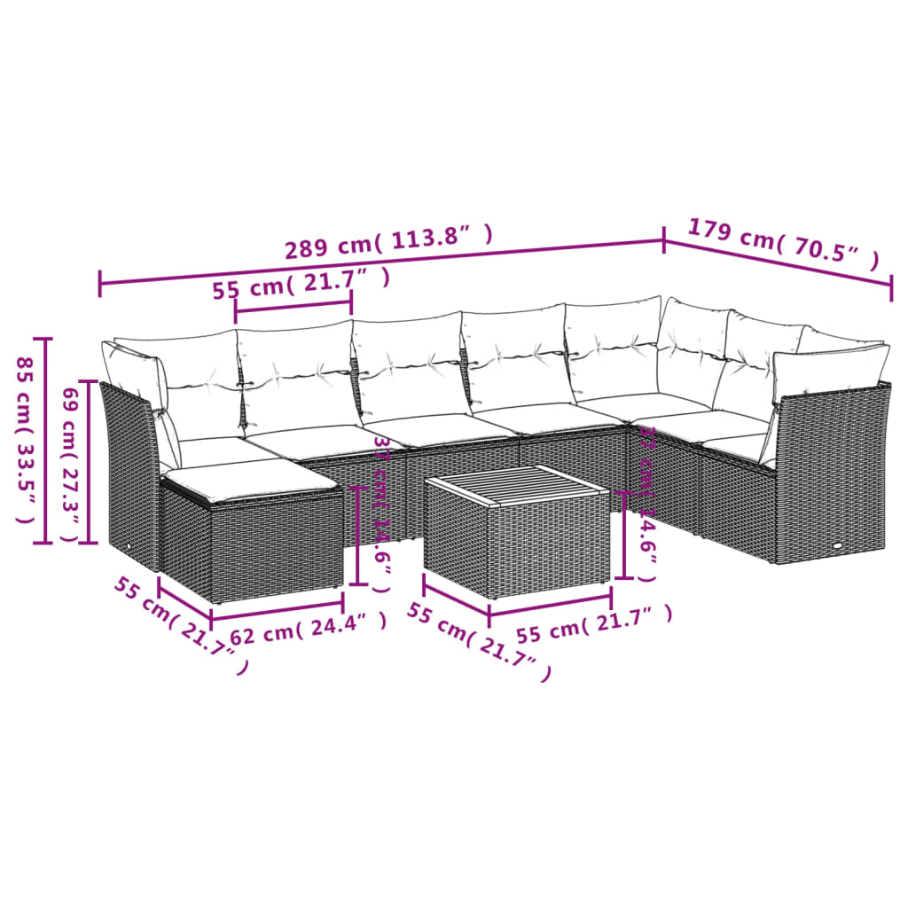 vidaXL 9-delige Loungeset met kussens poly rattan grijs