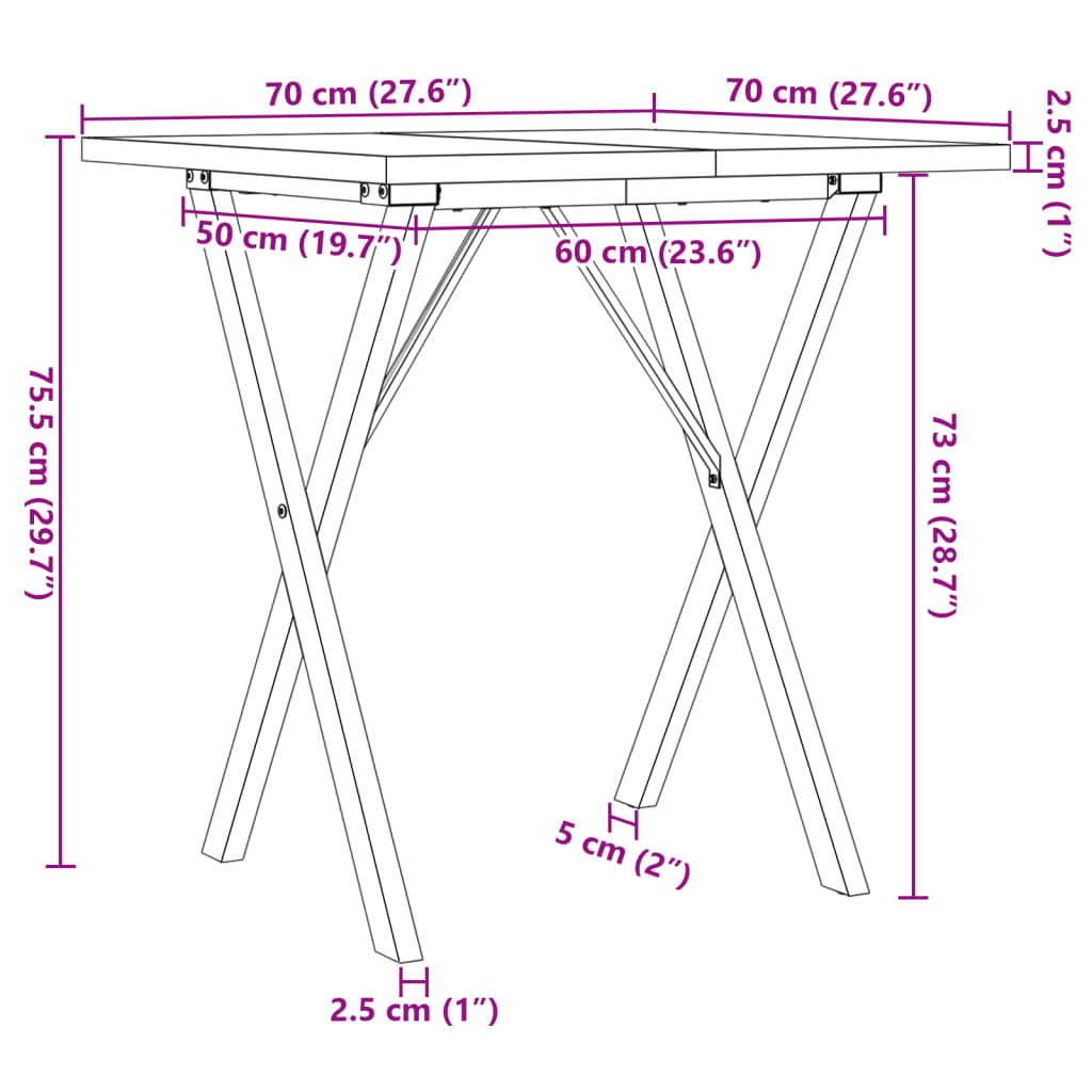 vidaXL Eettafel X-frame 70x70x75,5 cm massief grenenhout en gietijzer