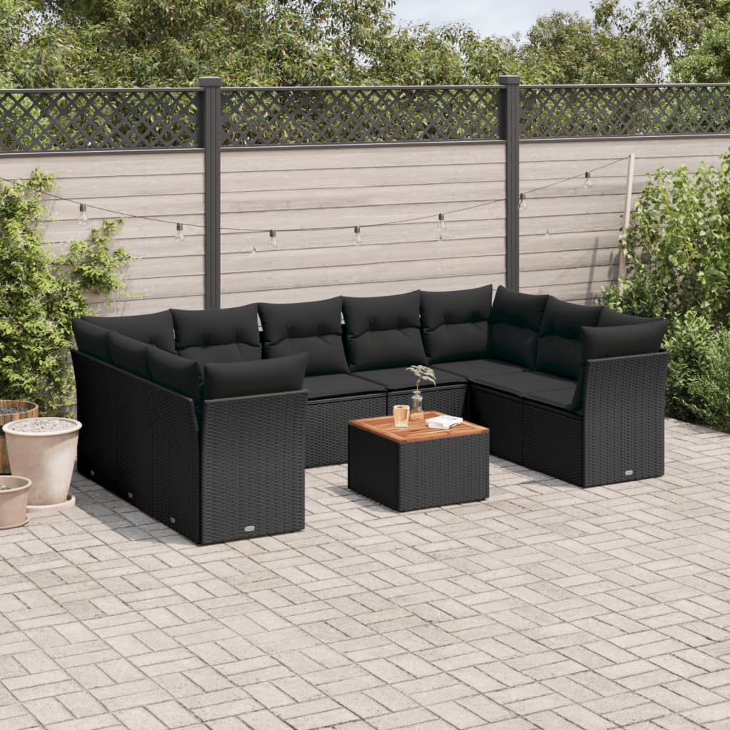 vidaXL 10-delige Loungeset met kussens poly rattan zwart