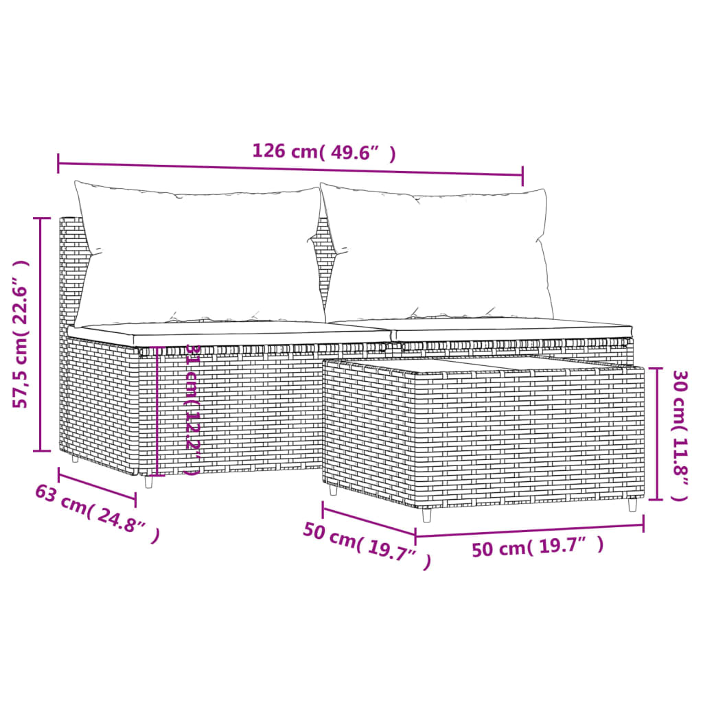 vidaXL 3-delige Loungeset met kussens poly rattan zwart