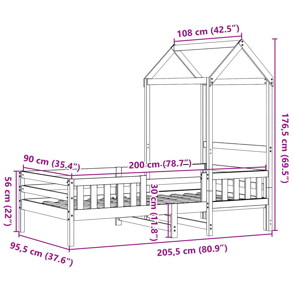 vidaXL Bedframe met huisje massief grenenhout 90x200 cm