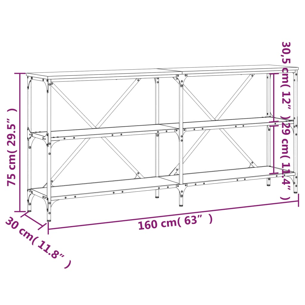 vidaXL Wandtafel 160x30x75 cm bewerkt hout en ijzer gerookt eikenkleur