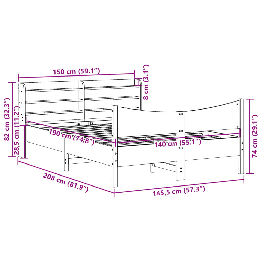 vidaXL Bedframe met hoofdbord massief grenenhout 140x190 cm