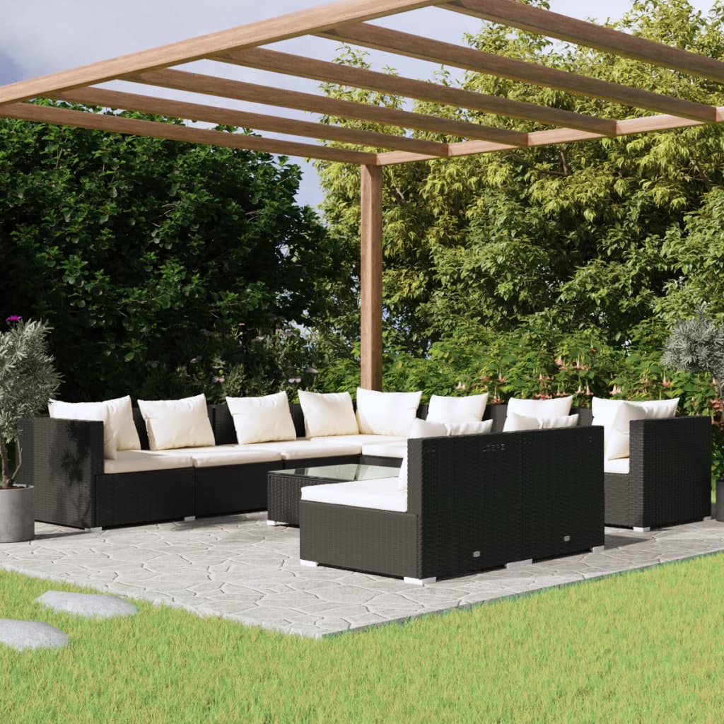 vidaXL 10-delige Loungeset met kussens poly rattan zwart