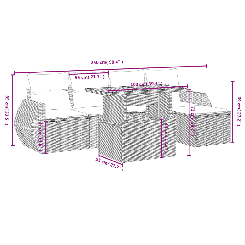 vidaXL 6-delige Loungeset met kussens poly rattan zwart