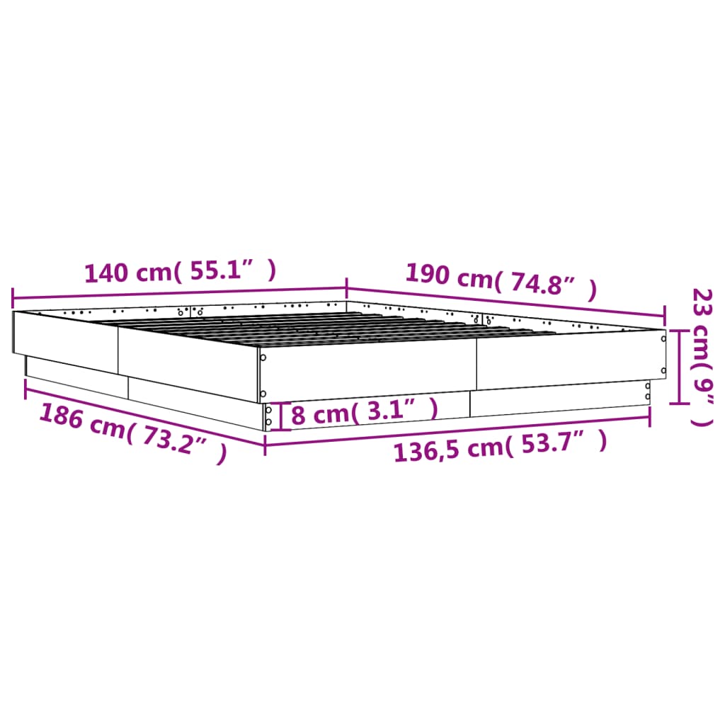 vidaXL Bedframe met LED-verlichting grijs sonoma eikenkleur 140x190 cm