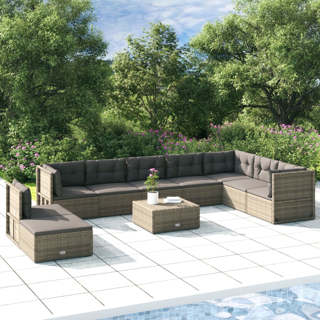 vidaXL 9-delige Loungeset met kussens poly rattan grijs