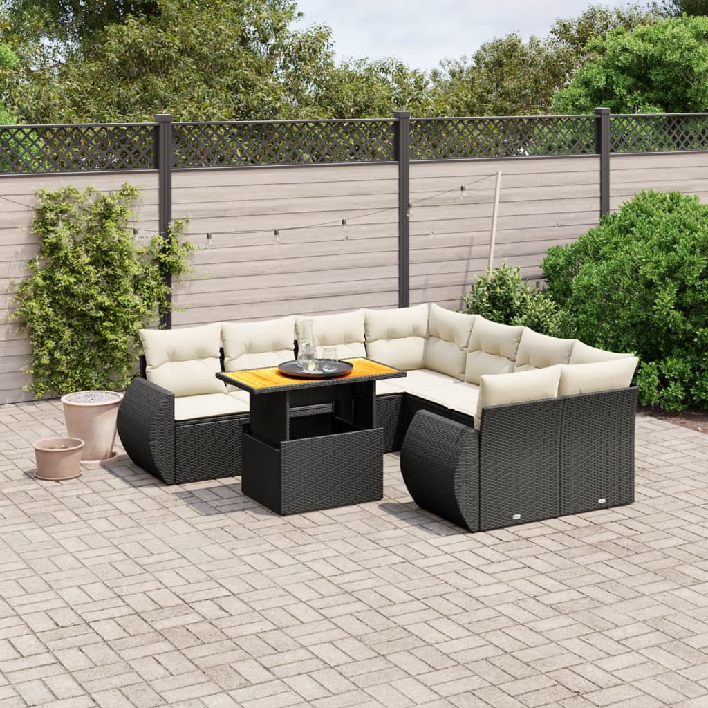 vidaXL 9-delige Loungeset met kussens poly rattan zwart