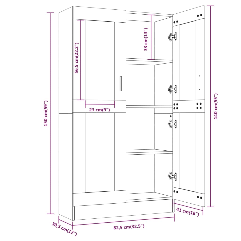 vidaXL Vitrinekast 82,5x30,5x150 cm bewerkt hout bruin eikenkleur