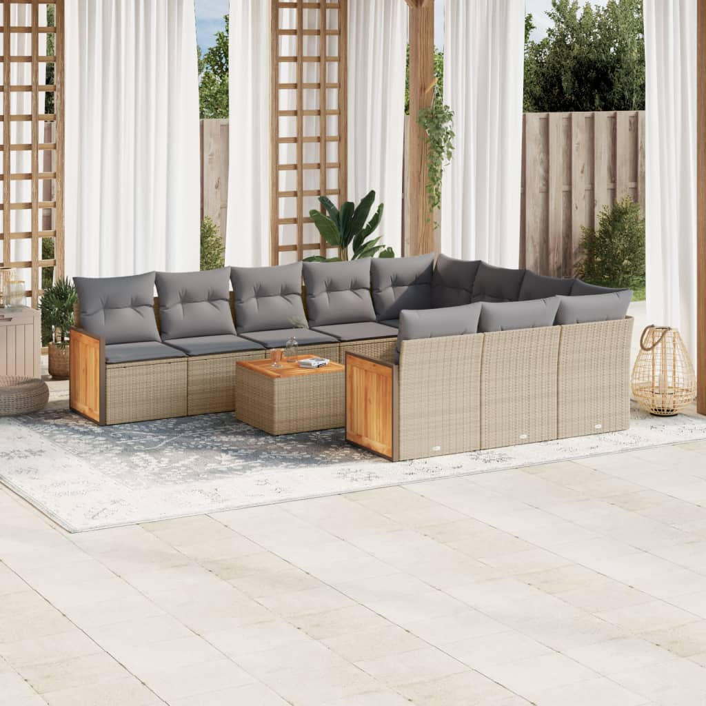 vidaXL 11-delige Tuinset met kussens poly rattan beige