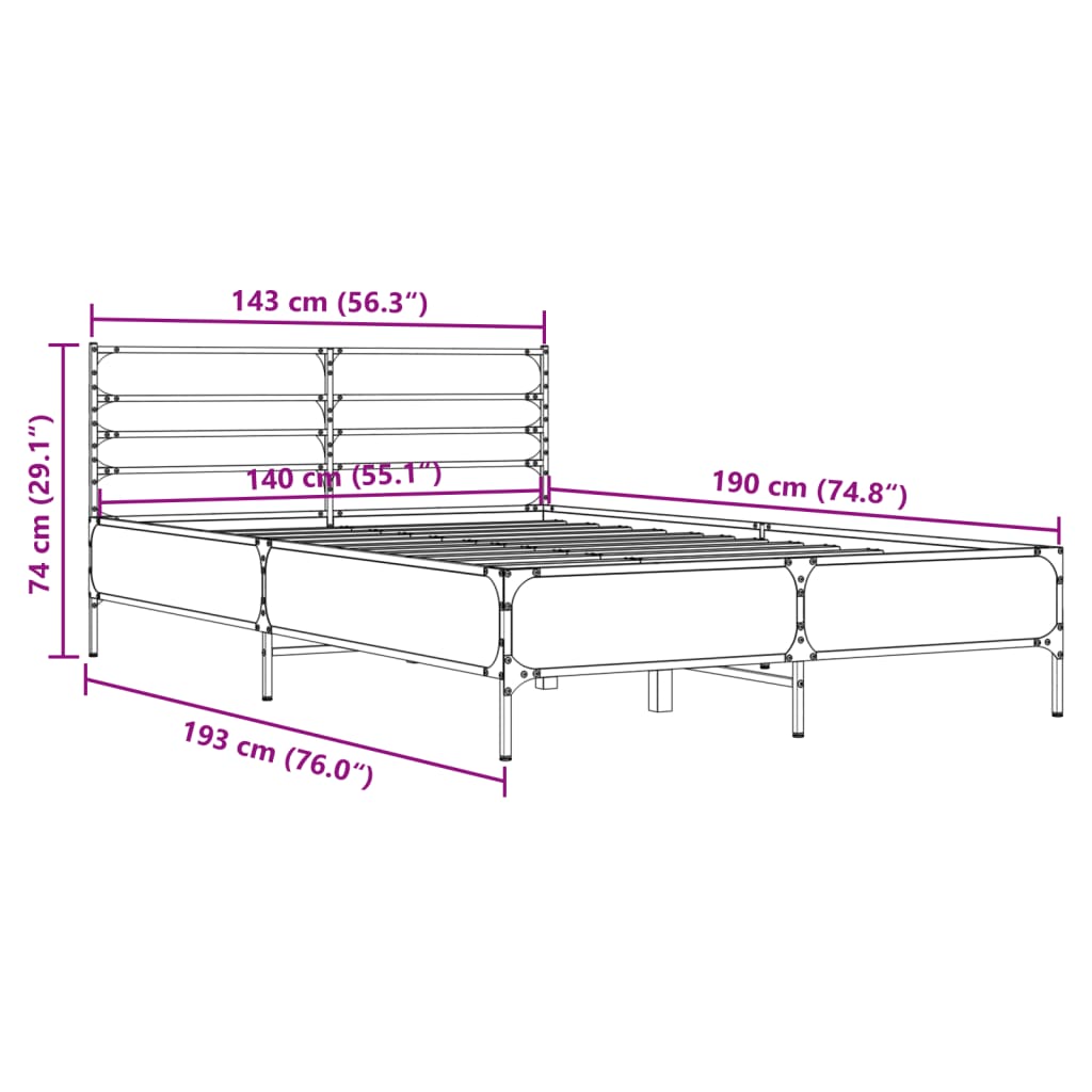 vidaXL Bedframe bewerkt hout metaal grijs sonoma eiken 140x190 cm