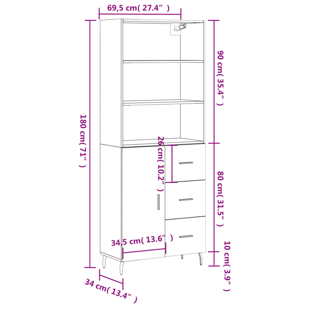 vidaXL Hoge kast 69,5x34x180 cm bewerkt hout gerookt eikenkleurig