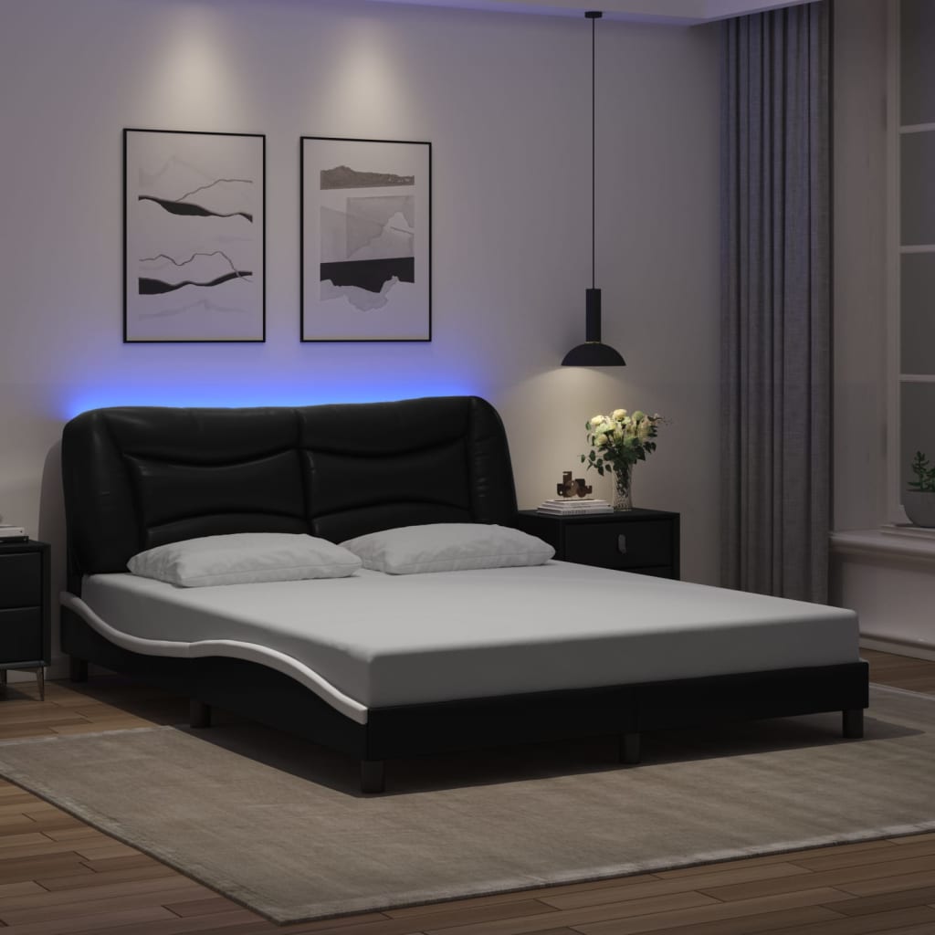 vidaXL Bedframe met LED-verlichting kunstleer zwart en wit 160x200 cm