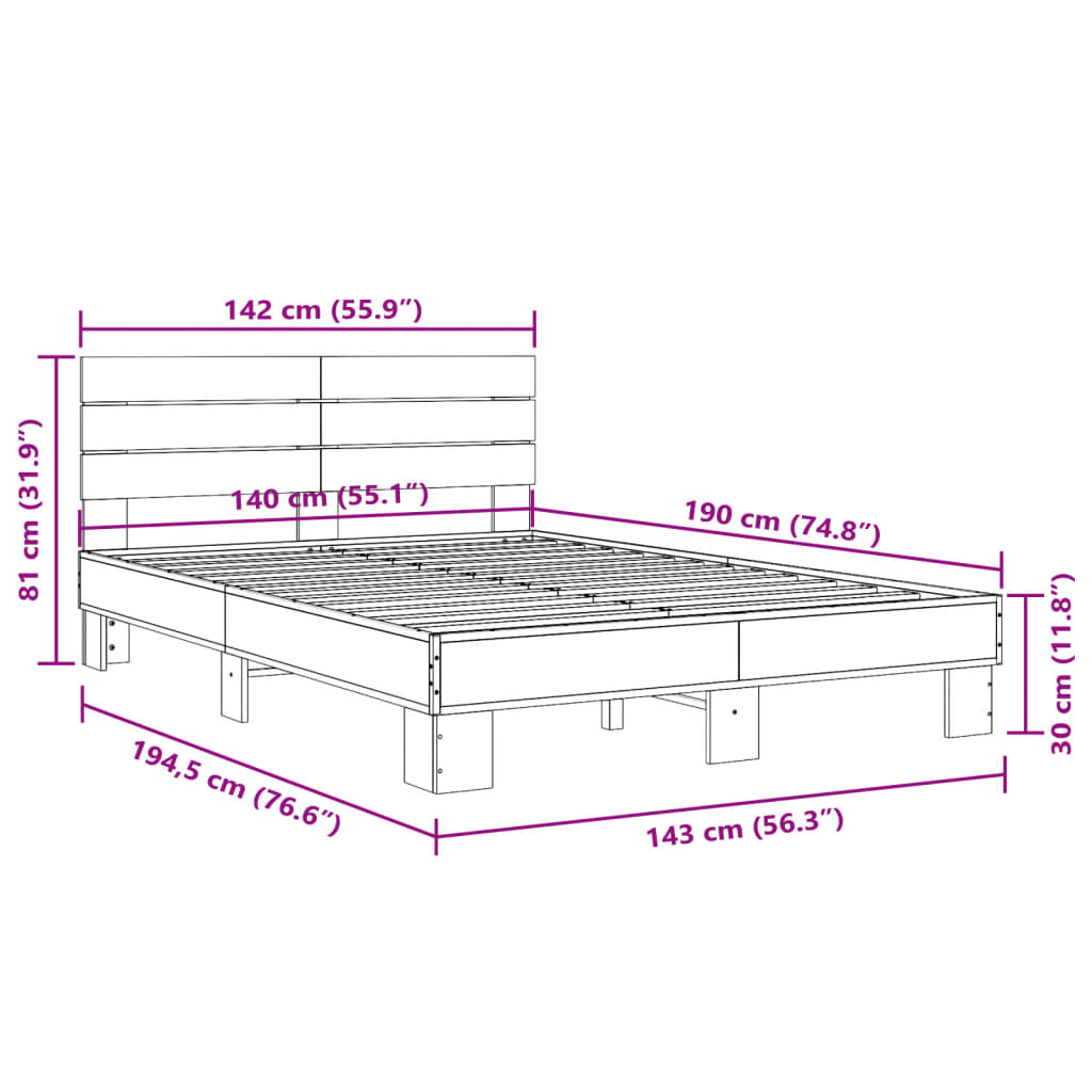 vidaXL Bedframe bewerkt hout metaal grijs sonoma eiken 140x190 cm