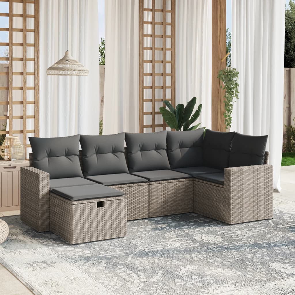 vidaXL 6-delige Loungeset met kussens poly rattan grijs