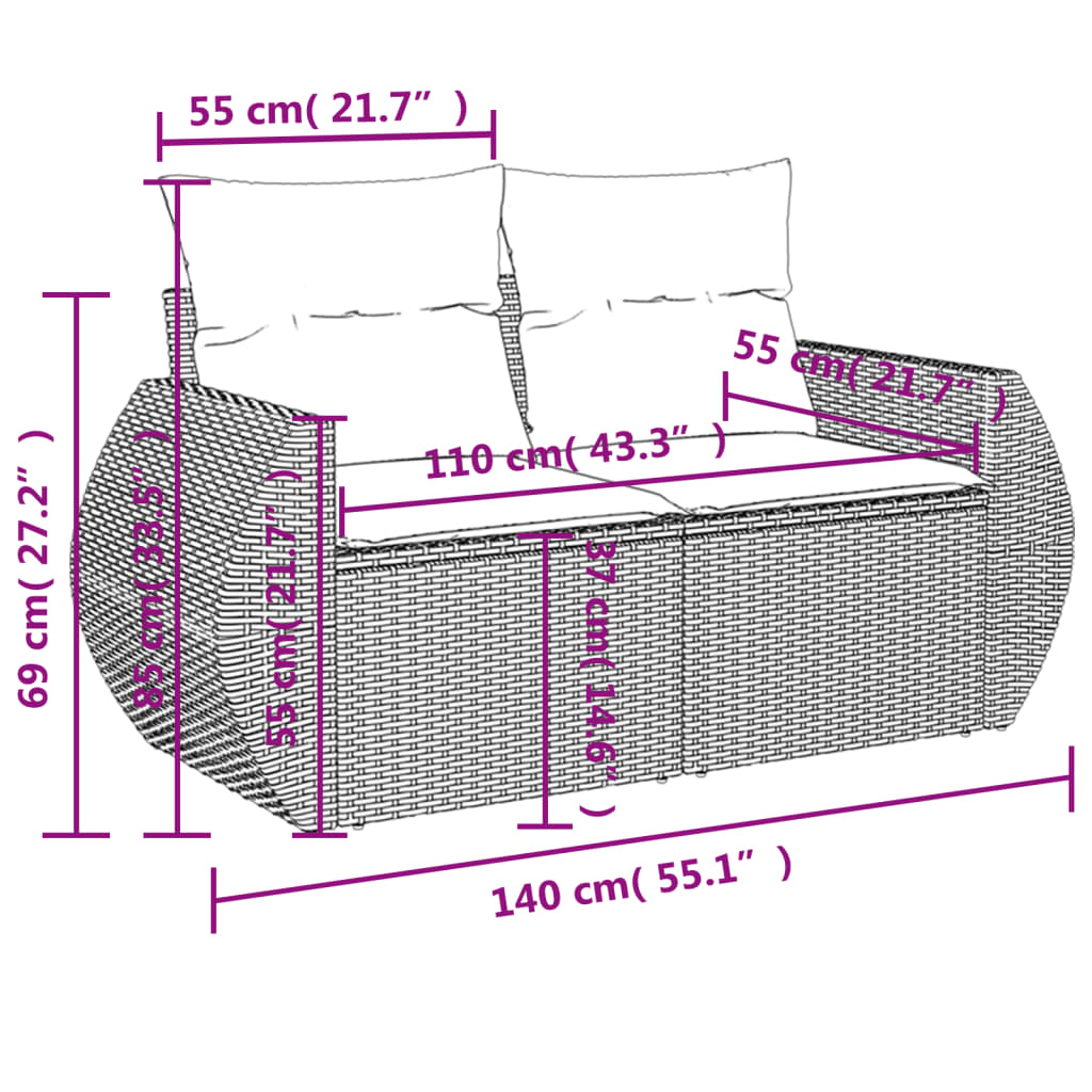 vidaXL 9-delige Loungeset met kussens poly rattan lichtgrijs