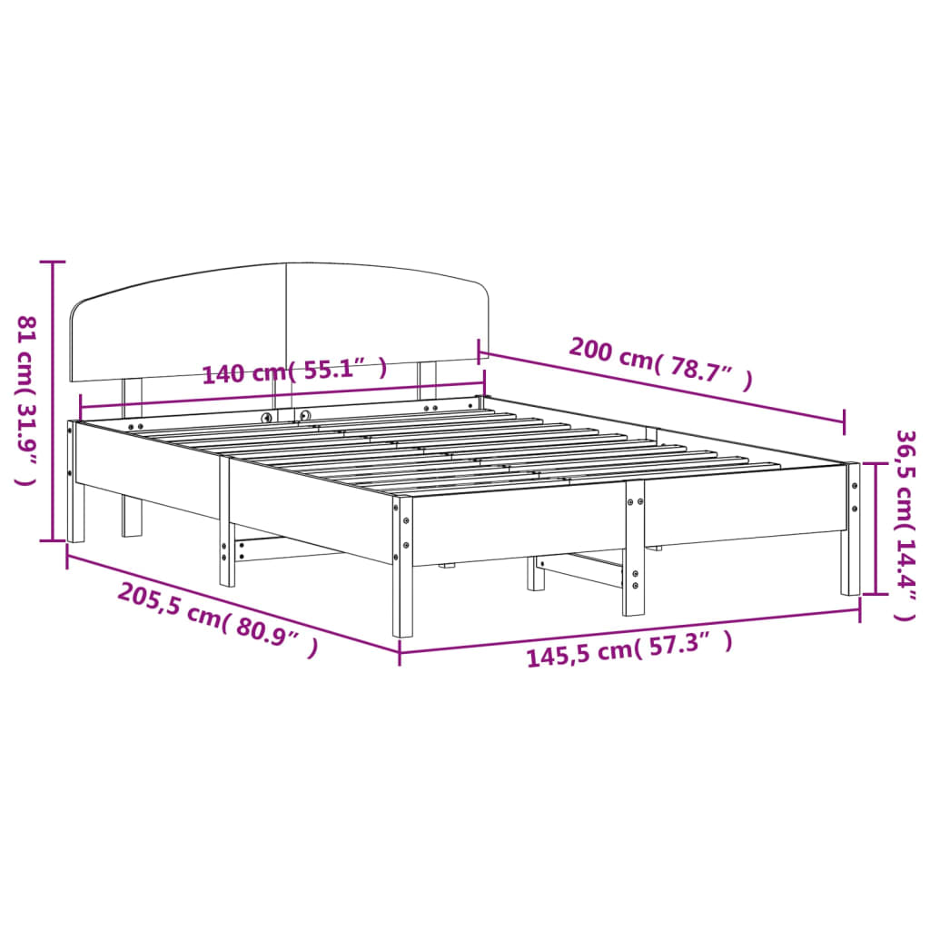 vidaXL Bedframe zonder matras massief grenenhout wit 140x200 cm