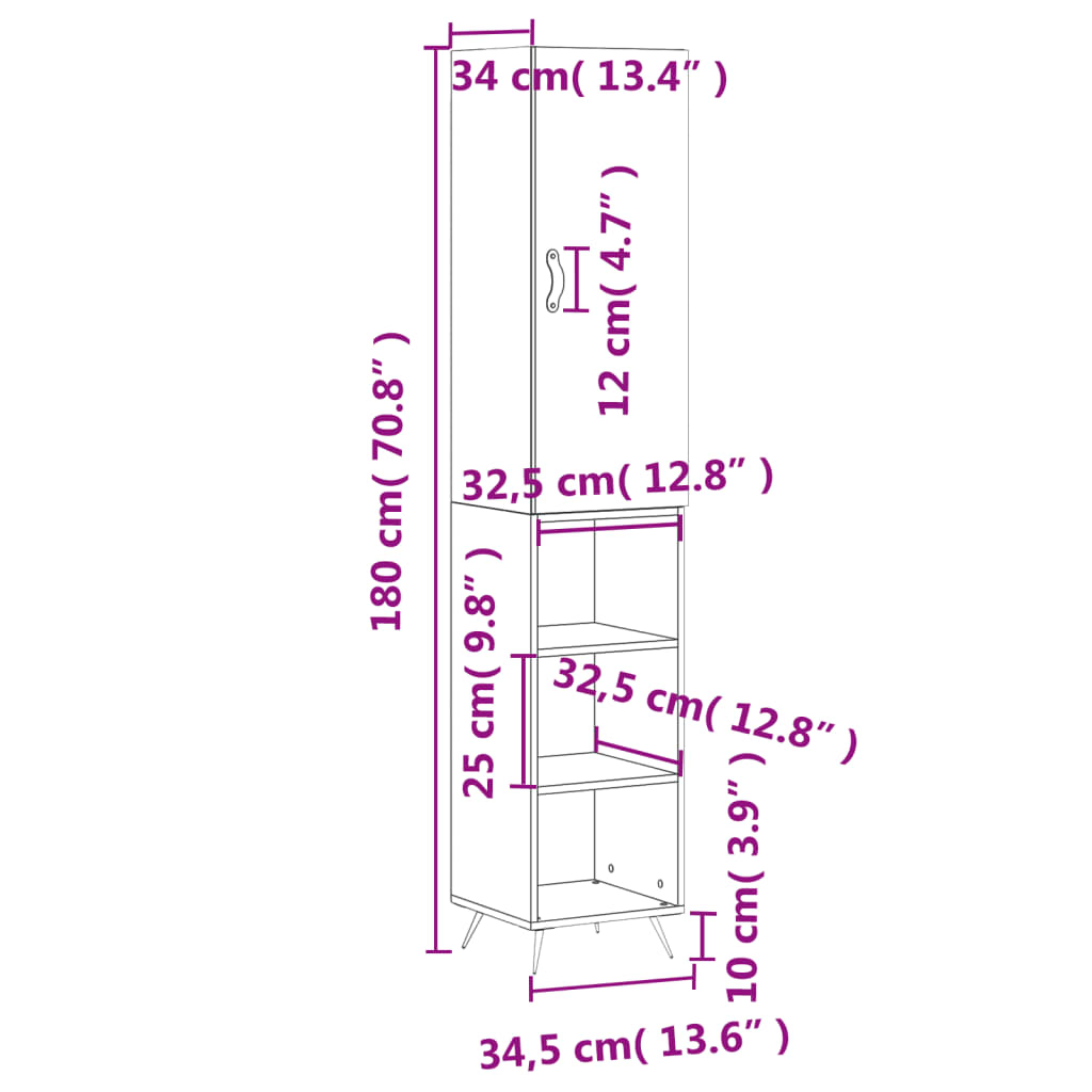 vidaXL Hoge kast 34,5x34x180 cm bewerkt hout sonoma eikenkleurig