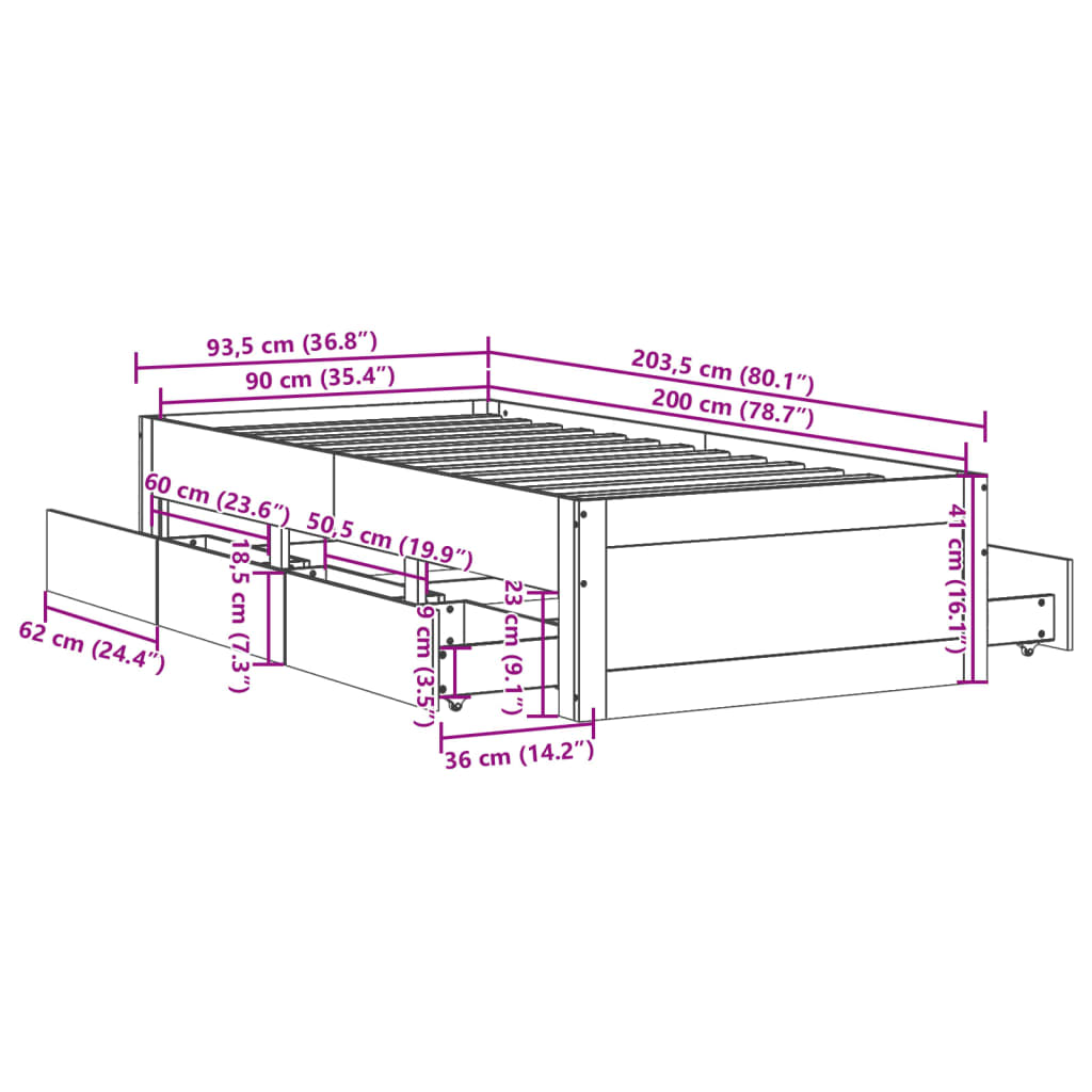 vidaXL Bedframe zonder matras met lades grenenhout wit 90x200 cm