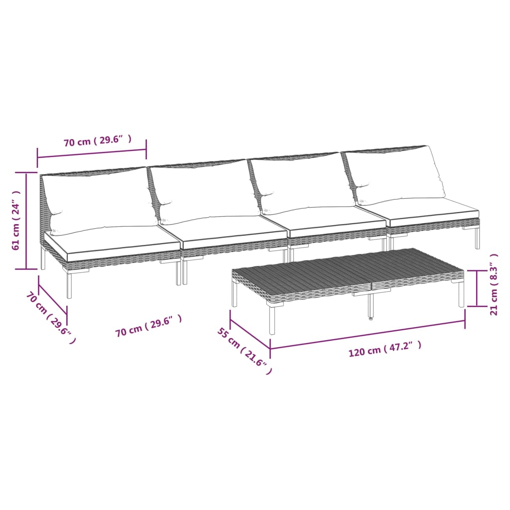 vidaXL 5-delige Loungeset met kussens poly rattan donkergrijs