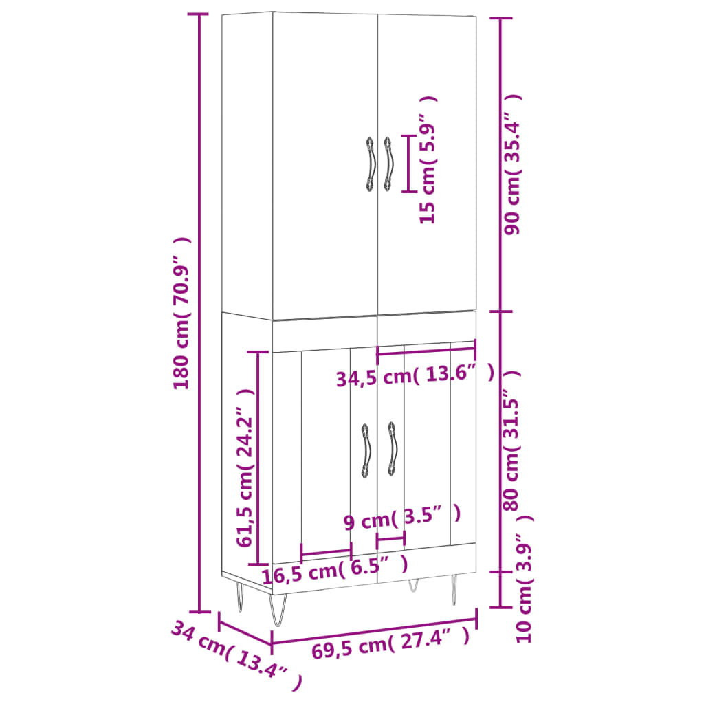 vidaXL Hoge kast 69,5x34x180 cm bewerkt hout hoogglans wit