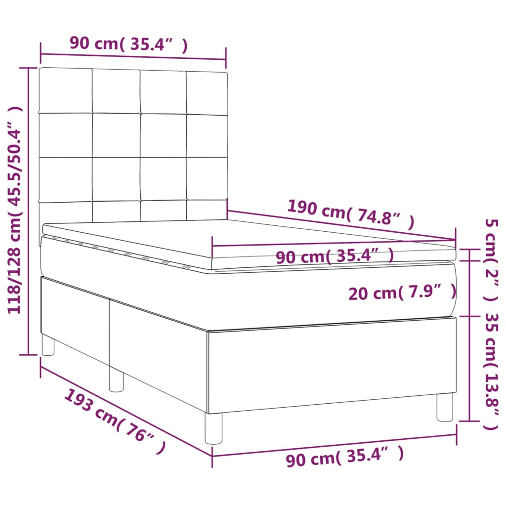 vidaXL Boxspring met matras en LED stof donkergrijs 90x190 cm